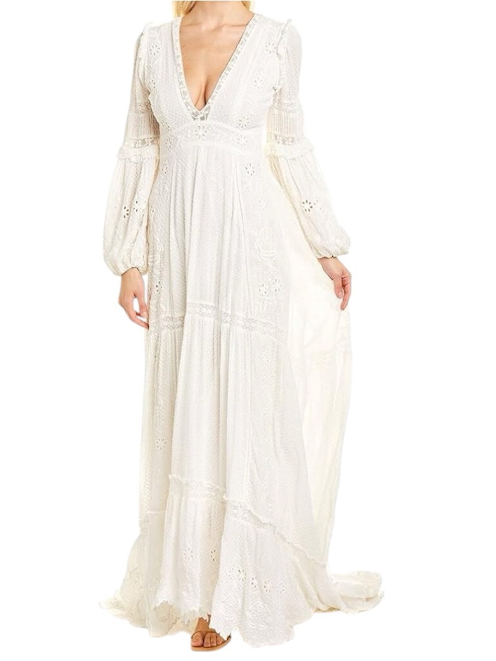LoveShackFancy Victorian Donnie Embroidered-Eyelet Swiss Dot Maxi Dress Wht SZ 0